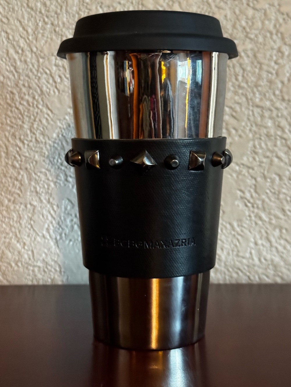NWOT BCBGMaxAzria Glass Travel Cup with Black Leather Studded Sleeve